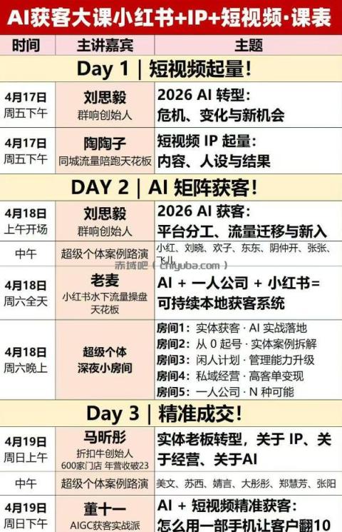AI获客大课小红书+IP+短视频3天2夜线下课，用最真实的一线案例，最前沿的AI工具，最有效的流量打法