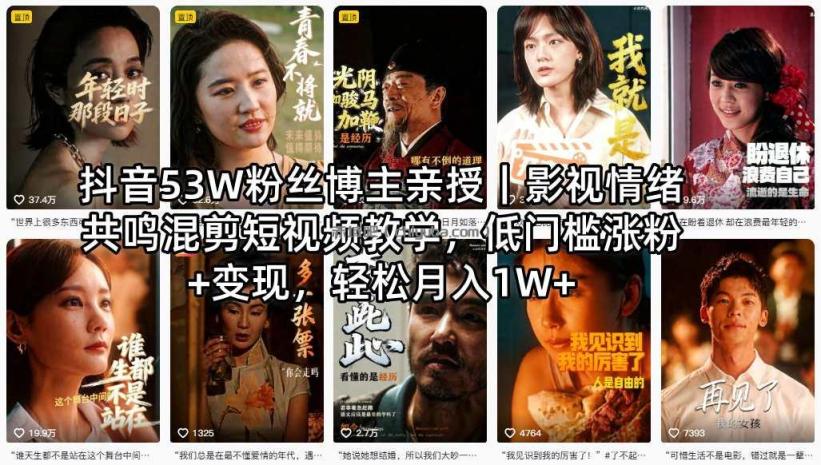 抖音53W粉丝博主亲授|影视情绪共鸣混剪短视频教学,低门槛涨粉+变现,轻松月入1W+