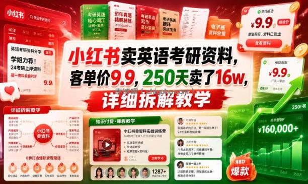 小红书卖英语考研资料，客单价9.9，250天卖了16w，详细拆解教学