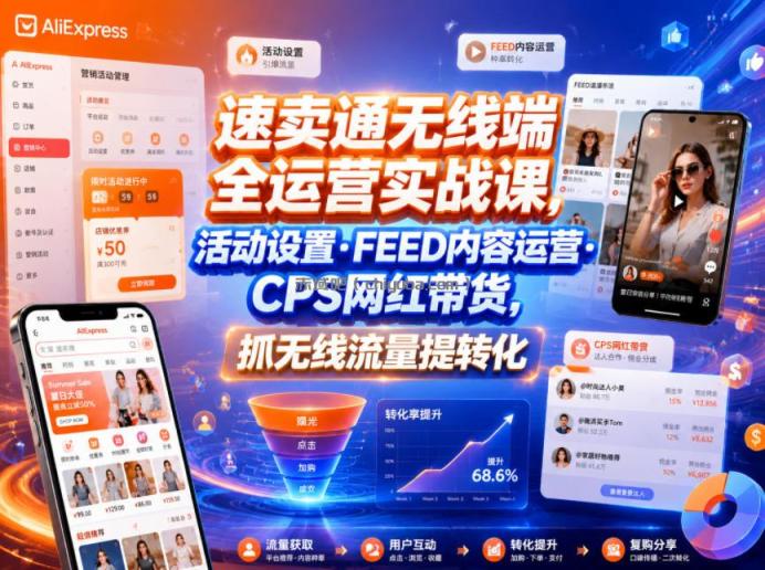 速卖通无线端全运营实战课，活动设置・FEED内容运营・CPS网红带货，抓无线流量提转化