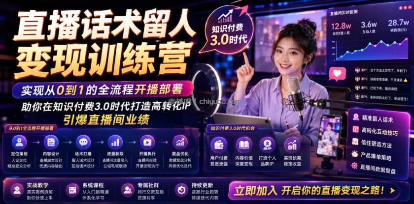 直播话术留人变现训练营，实现从0到1的全流程开播部署，助你在知识付费3.0时代打造高转化IP，引爆直播间业绩