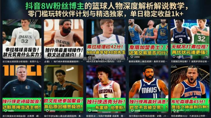 抖音8W粉丝博主的篮球人物深度解析解说教学，零门槛玩转伙伴计划与精选独家，单日稳定收益1k+