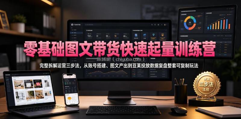 零基础图文带货快速起量训练营，完整拆解运营三步法，从账号搭建、图文产出到豆荚投放数据复盘整套可复制玩法