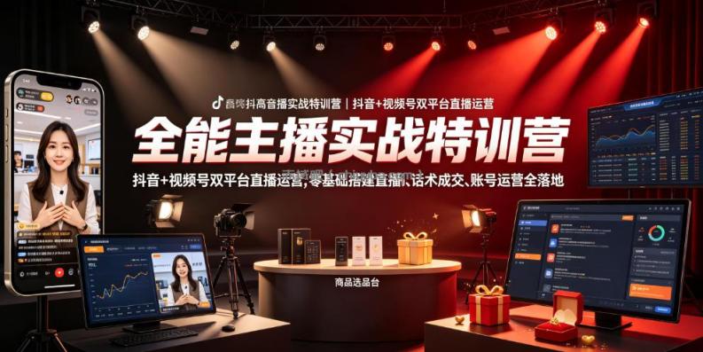 全能主播实战特训营｜抖音+视频号双平台直播运营，零基础搭建直播间、精准选品、话术成交、账号运营全落地