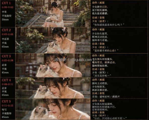 美女和猫故事提示词,人物一致性提示词+故事板