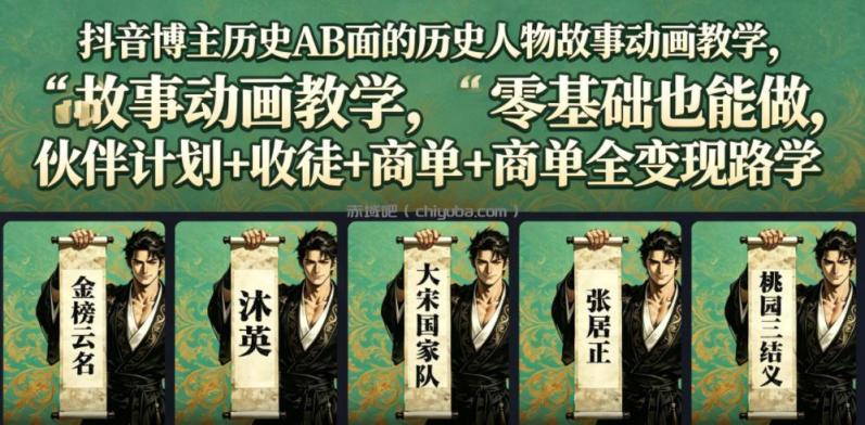 抖音博主历史AB面的历史人物故事动画教学，零基础也能做，伙伴计划+收徒+商单全变现路径教学
