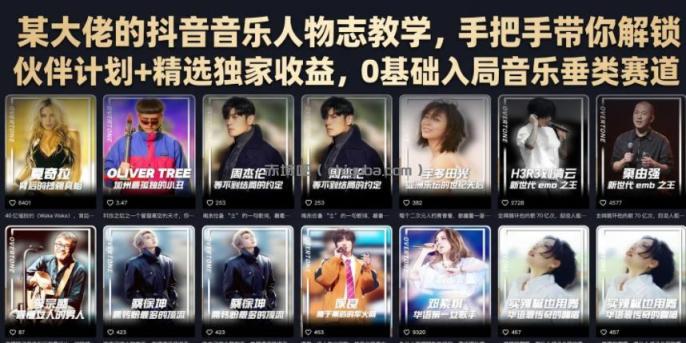 某大佬的抖音音乐人物志教学，手把手带你解锁伙伴计划+精选独家收益，0基础入局音乐垂类赛道