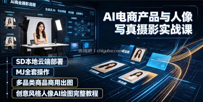 AI电商产品与人像写真摄影实战课｜SD本地云端部署、MJ全套操作、多品类商品商用出图、创意风格人像AI绘图完整教程