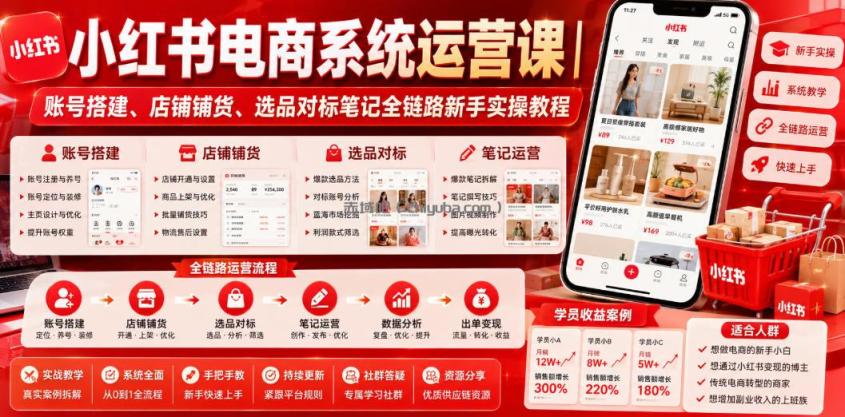 小红书电商系统运营课|账号搭建、店铺铺货、选品对标笔记全链路新手实操教程