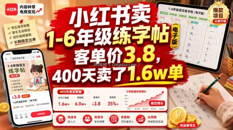 小红书卖1-6年级练字帖（电子版），客单价3.8，400天卖了1.6w单