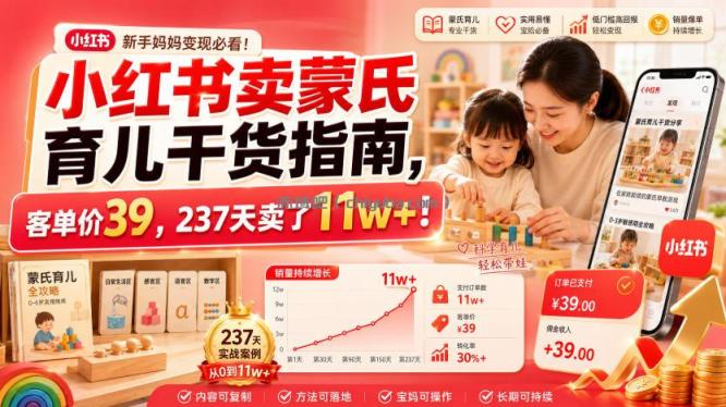 小红书卖蒙氏育儿干货指南,客单价39,237天卖了11w+!