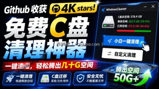 Github收获4K stars!免费C盘清理神器,轻松腾出几十G空间,支持C盘迁移Windows Cleaner