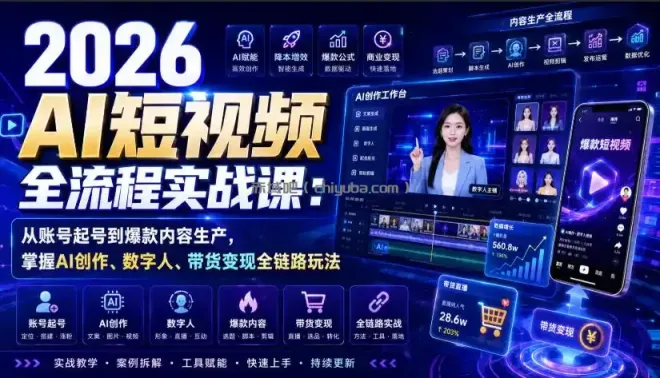 2026 AI短视频全流程实战课：从账号起号到爆款内容生产，掌握AI创作、数字人、带货变现全链路玩法