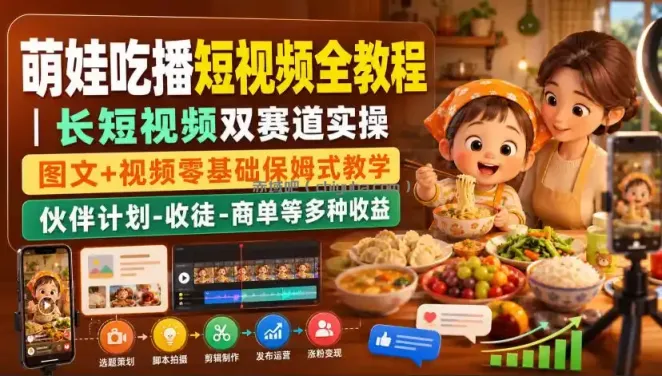 萌娃吃播短视频全教程｜长短视频双赛道实操，图文+视频零基础保姆式教学，伙伴计划-收徒-商单等多种变现方式