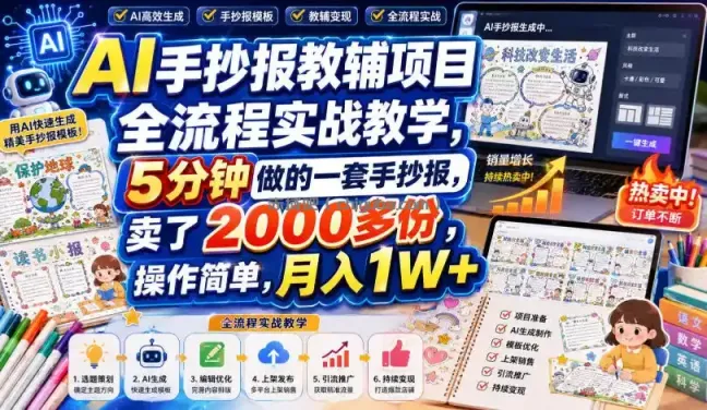 AI手抄报教辅项目全流程实战教学，5分钟做的一套手抄报，卖了2000多份，操作简单，月入1W+