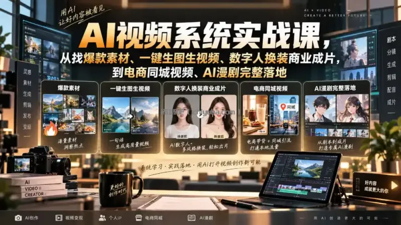 AI视频系统实战课,从找爆款素材、一键生图生视频、数字人换装商业成片,到电商同城视频、AI漫剧完整落地