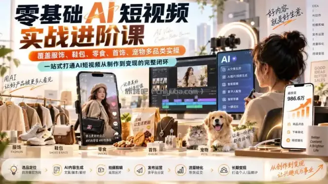 零基础AI短视频实战进阶课，覆盖服饰、鞋包、零食、首饰、宠物多品类实操，一站式打通AI短视频从制作到变现的完整闭环