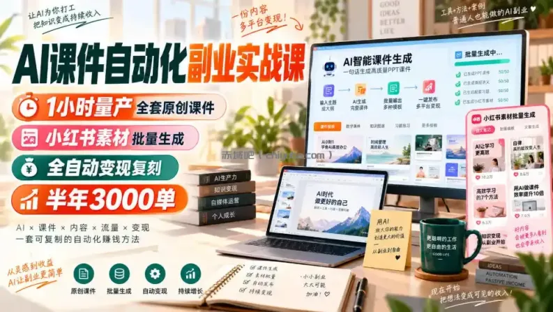 AI课件自动化副业实战课，1小时量产全套原创课件，小红书素材批量生成，全自动变现复刻，半年3000单