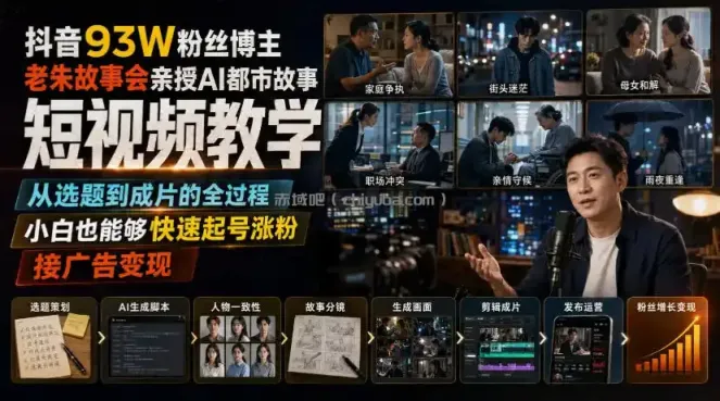 抖音93W粉丝博主老朱故事会亲授AI都市故事短视频教学,从选题到成片的全过程,小白也能够快速起号涨粉接广告变现