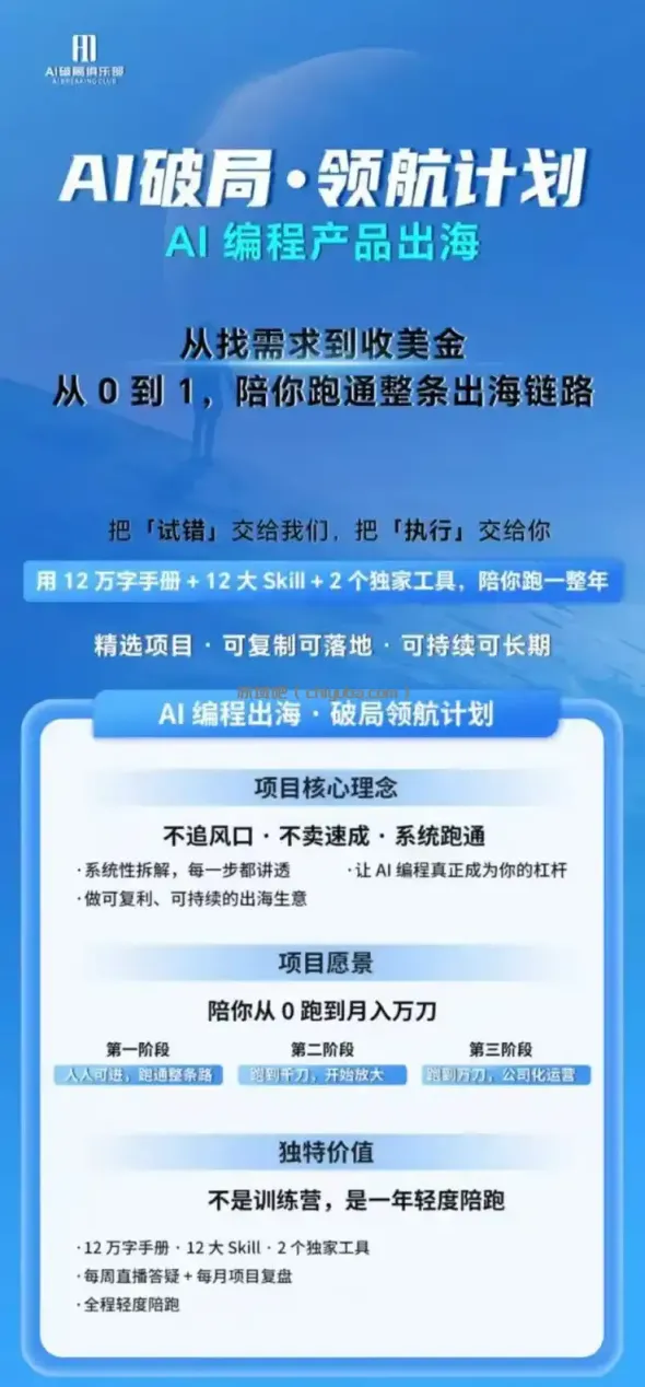 图片[1]-AI编程产品出海领航计划-更新：12万字手册+12大Skill+2个独家工具，从找需求到上线收美金跑通全链路-小创项目网