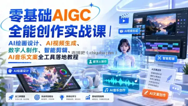 零基础AIGC全能创作实战课｜AI绘画设计、AI视频生成、数字人制作、智能剪辑、AI音乐文案全工具落地教程