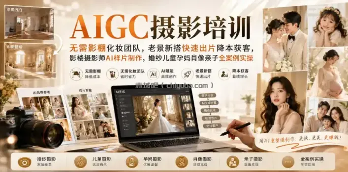 AIGC摄影培训｜无需影棚化妆团队，老景新搭快速出片降本获客，影楼摄影师AI样片制作，婚纱儿童孕妈肖像亲子全案例实操