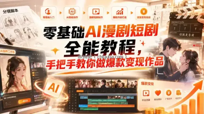 零基础AI漫剧短剧全能教程，从AI智能体搭建、文案脚本分镜、多平台AI生视频、剪映精修，覆盖全题材创作，手把手教你做爆款变现作品