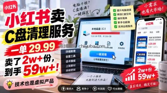 小红书卖C盘清理服务，一单29.99，卖了2w+份，技术也是虚拟产品